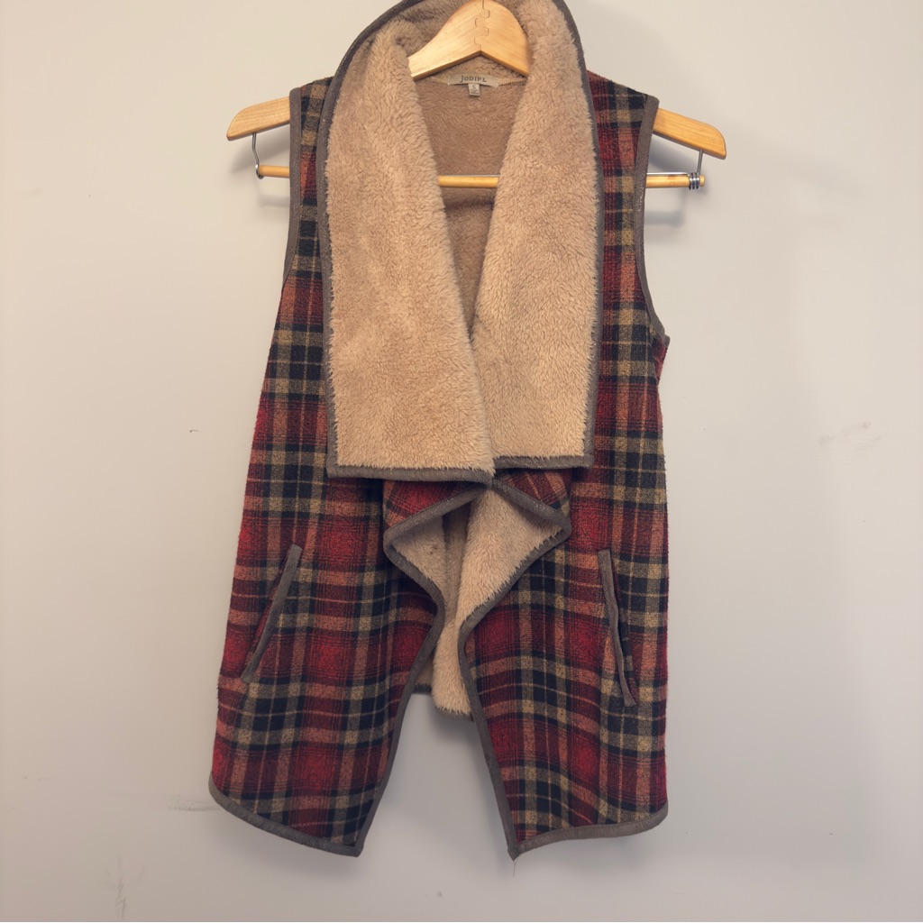 Jodifl Plaid Sherpa Lined Open Front Vest Small Cozy Waterfall